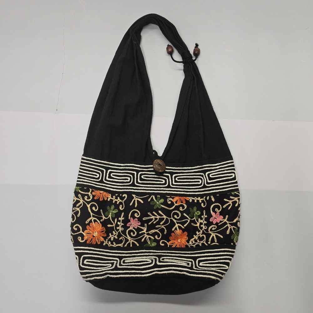 Vintage Retro Black Cotton Embroidered Floral Boho Hobo Sling Bag Wood Button - Picture 1 of 5